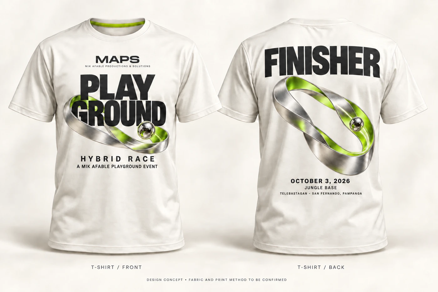 Approved warm-white Playground T-shirt with lime and chrome artwork